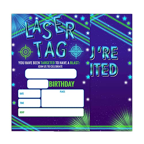 WUINCK Laser Tag Birthday Party Invitation Cards, Neon Laser Theme Party Invitations for Kids, Boys and Girls, Party Celebration Supplies, 20 Invitation with Envelopes - 0013