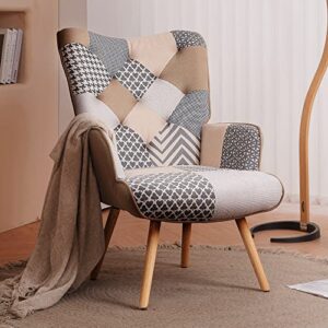 Joysoul Living Room Accent Chair Modern High Back Arm Chair, Grey Plaid Chairs for Bedroom Waiting Room