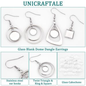 UNICRAFTALE 12 Pairs 4 Styles Glass Blank Dome Dangle Earrings Stainless Steel Earring Bezel Settings Triangle Ring Square Cabochon Base Trays DIY Ear Hooks Findings for Jewelry Making