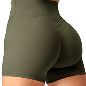 YEOREO Workout Biker Shorts for Women Athletic Scrunch Butt High Waisted Running Gym Shorts Yoga Tummy Control Spandex Military Olive L