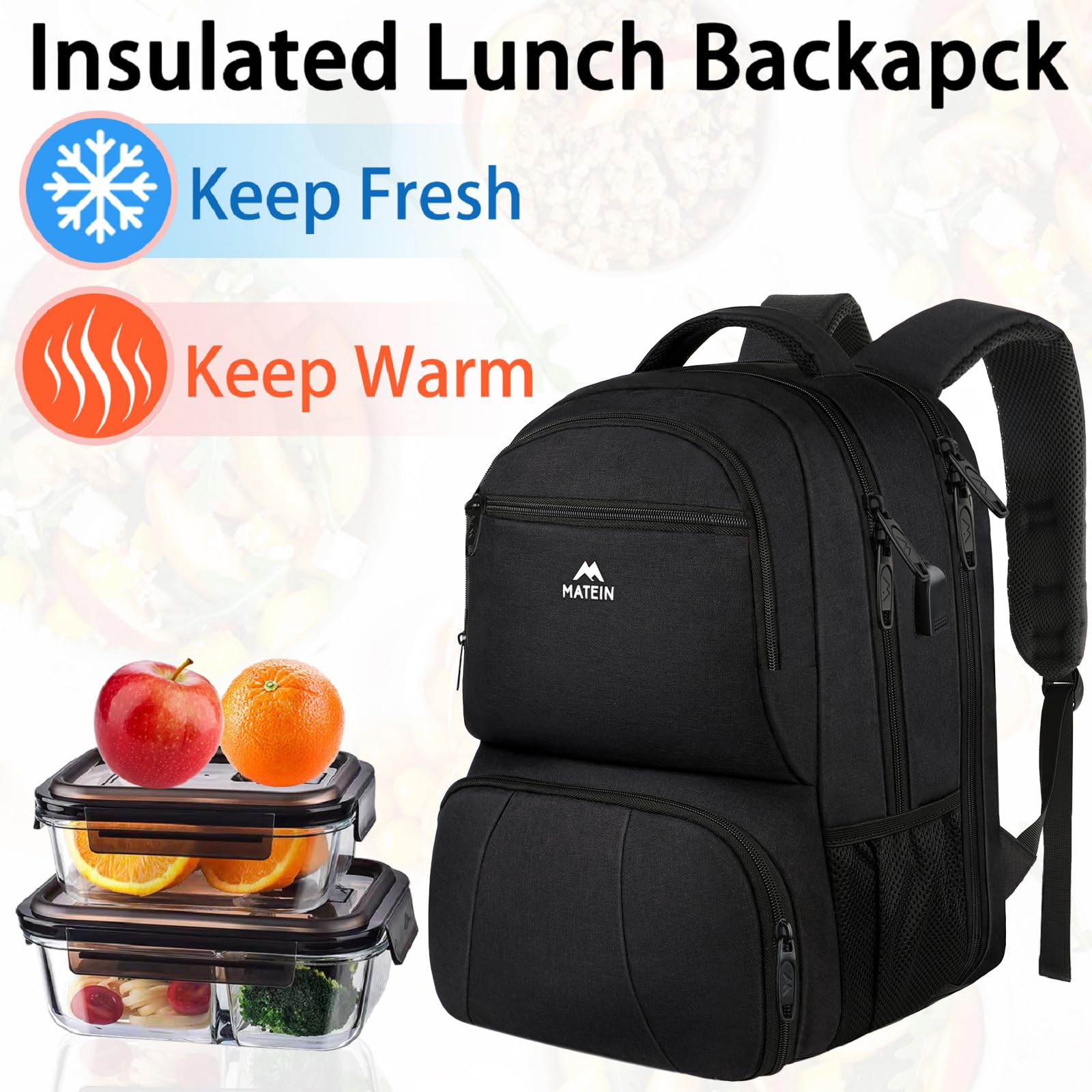 MATEIN Lunch Backpack for Men Work, 18 Inch Large Insulated Backpack Cooler with USB Charging Port, Water Resistant Lunch Box Backpack with Laptop Compartment for Travel Business College Picnic, Black