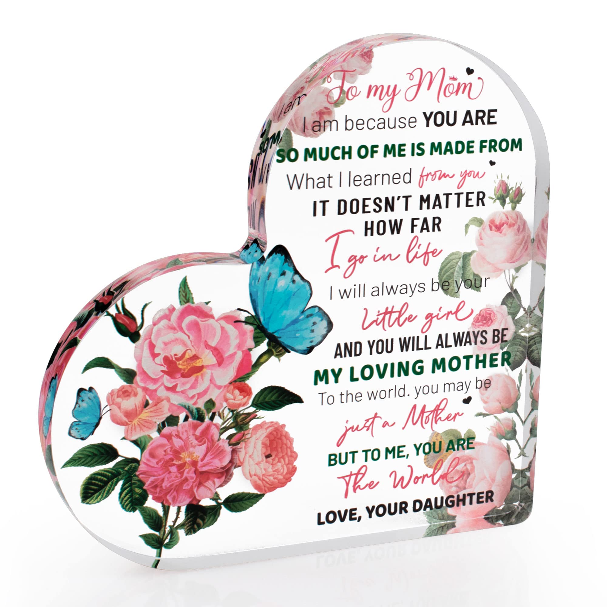 Mothers Day Gifts for Mom from Daughter, Mom Birthday Gift Ideas, Grateful Gift for Mother Butterfly Flower Desk Decor Acrylic Heart Sign Appreciation Gifts for Mom