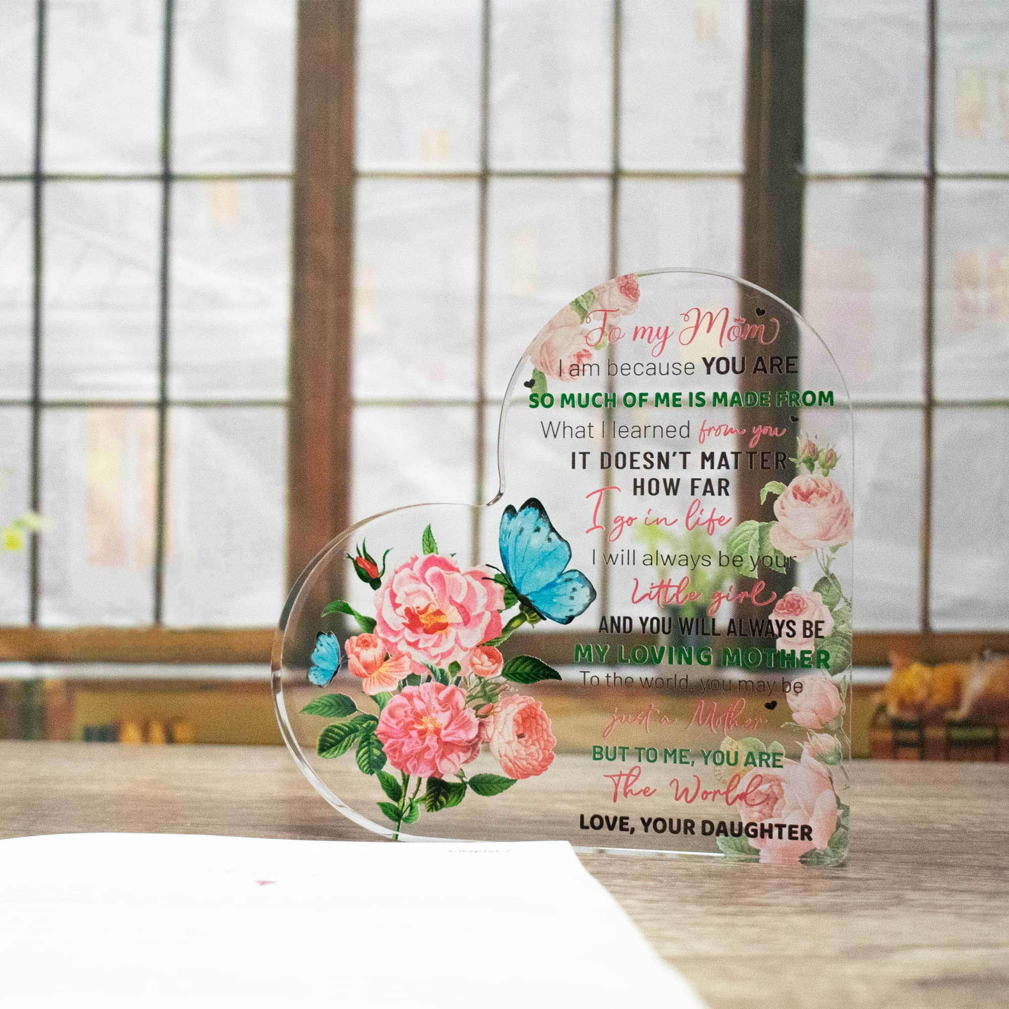 Mothers Day Gifts for Mom from Daughter, Mom Birthday Gift Ideas, Grateful Gift for Mother Butterfly Flower Desk Decor Acrylic Heart Sign Appreciation Gifts for Mom