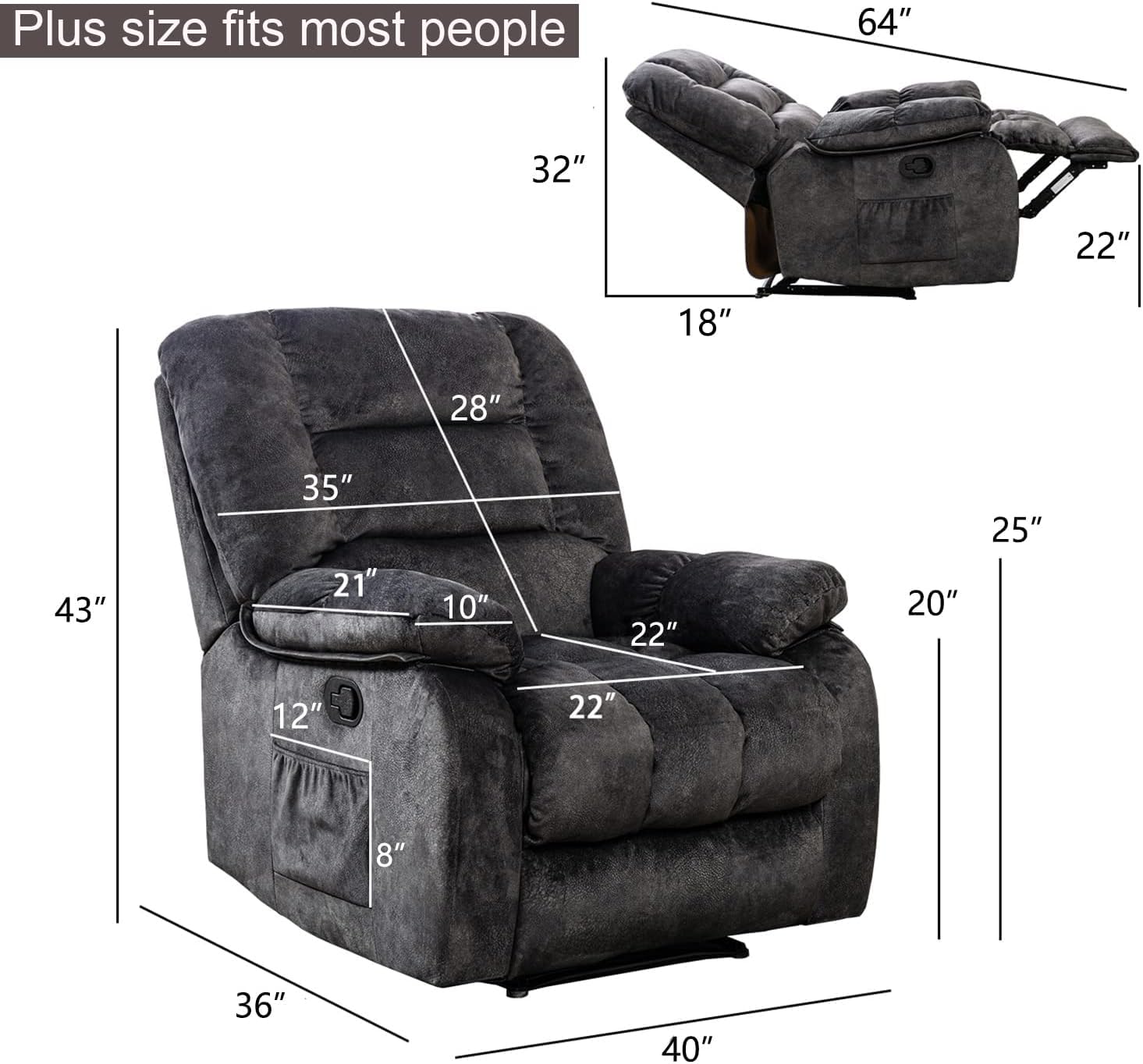 ANJHOME Overstuffed Massage Recliner with Heat and Vibration, Soft Fabric Manual Reclining Chairs with Side Pocket for Living Room (Gray)