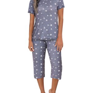 Ekouaer Women's Sleepwear Capri Pajama Sets Short Sleeve Two-Piece Pjs V Neck Tops & Capri Pants with Pockets S-3XL