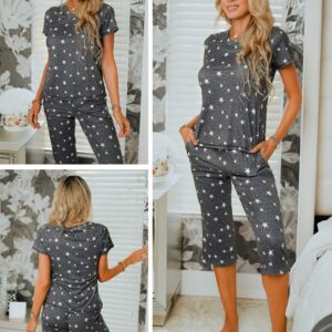 Ekouaer Women's Sleepwear Capri Pajama Sets Short Sleeve Two-Piece Pjs V Neck Tops & Capri Pants with Pockets S-3XL