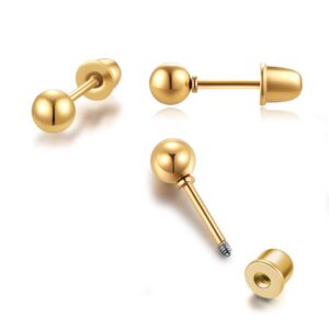 Flat Screw Back Ball Stud Earrings for Women, Tiny 3mm Ball Earrings with Confortable Flatback for Cartilage Helix Tragus Lobe Piercing (3mm Ball,Gold)