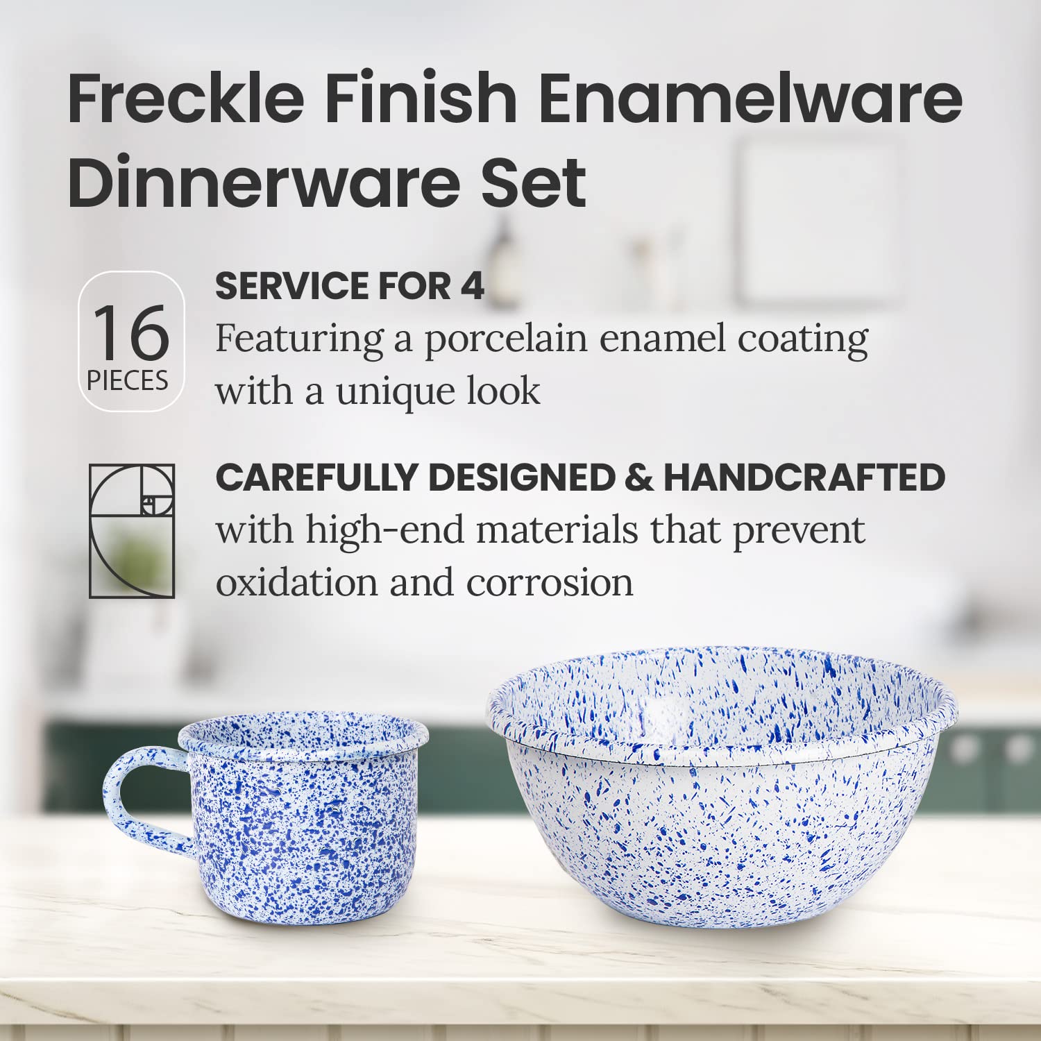 Enamelware Set for 4 - Blue Freckles Design - 16 Pieces - Includes: 4 Plates of 10" - 4 Plates of 7" - 4 Bowls - 4 Mugs - Suggested for Home, Party and Outdoor Activities