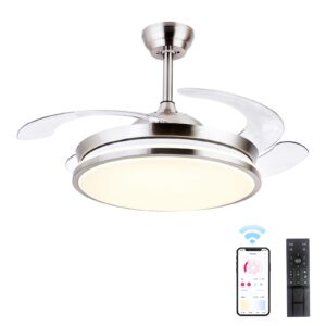 STERREN Retractable Ceiling Fans with Lights,42 Inch Modern Low Profile Bladeless LED Ceiling Fan Lights with Remote Control Smart Brushed Nickel Ceiling Fan for Bedroom Living Room