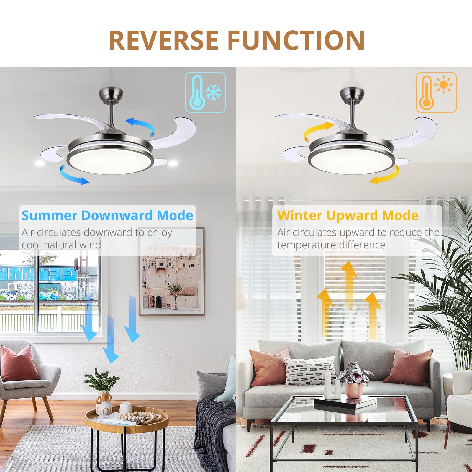 STERREN Retractable Ceiling Fans with Lights,42 Inch Modern Low Profile Bladeless LED Ceiling Fan Lights with Remote Control Smart Brushed Nickel Ceiling Fan for Bedroom Living Room