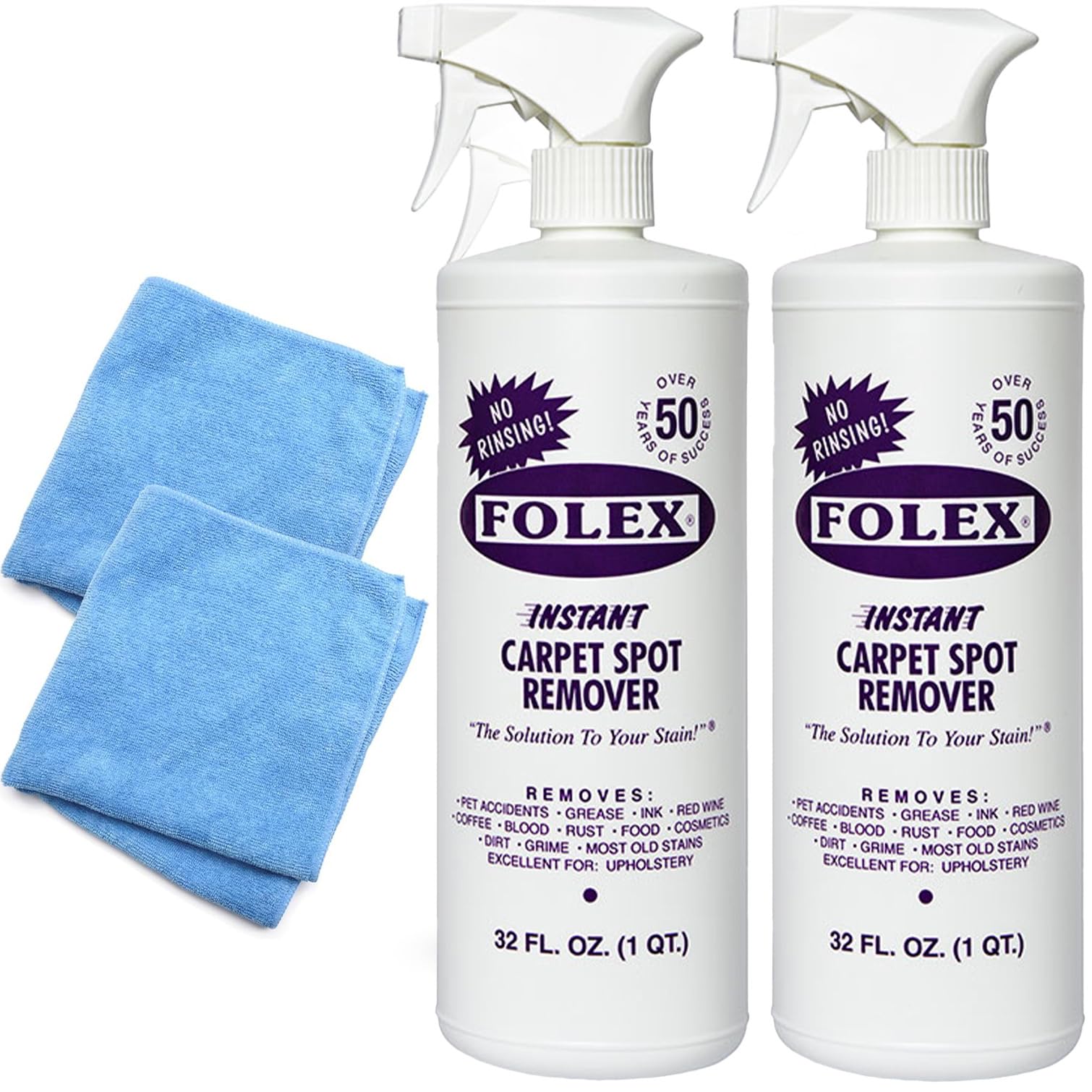 Black Swan Distributors - 2 FOLEX Instant Carpet Spot Removers (32 oz) & Reusable Microfiber Cleaning Cloths (15x15 in) - Household Stain Treater Kit