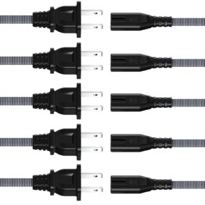 AC Power Cord 3FT(5 Pack), 2 Prong TV Power Cord, Nylon Braid Cable Replacement for Xbox One S, Xbox One X, Xbox Series X, PS3, PS4, PS5, Compatible for Printer, Monitor, Sound Bar, Game Console