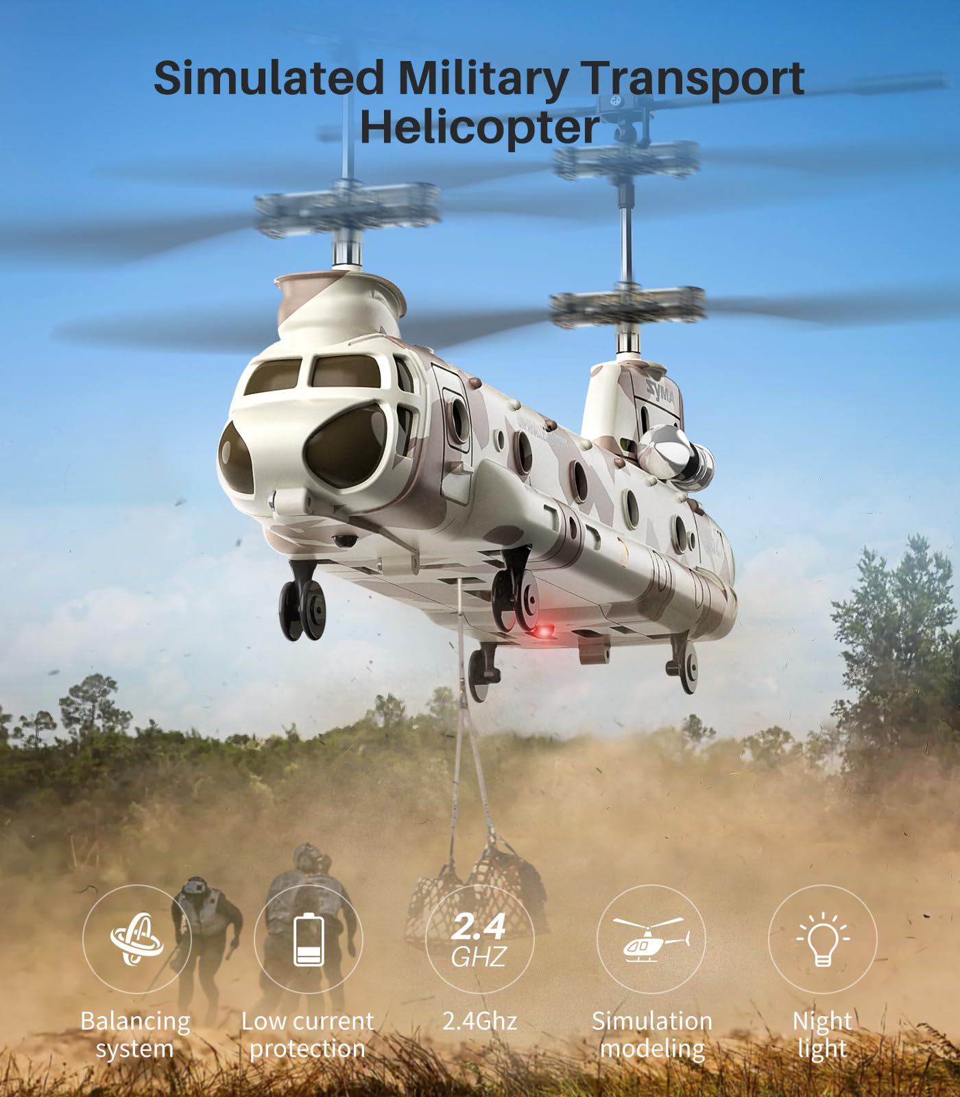 SYMA Remote Control Helicopter, S52H Military Transport RC Helicopter with Altitude Hold, One Key take Off/Landing, LED Light, Low Battery Reminder, Army Helicopter Toys for Kids and Military Fans