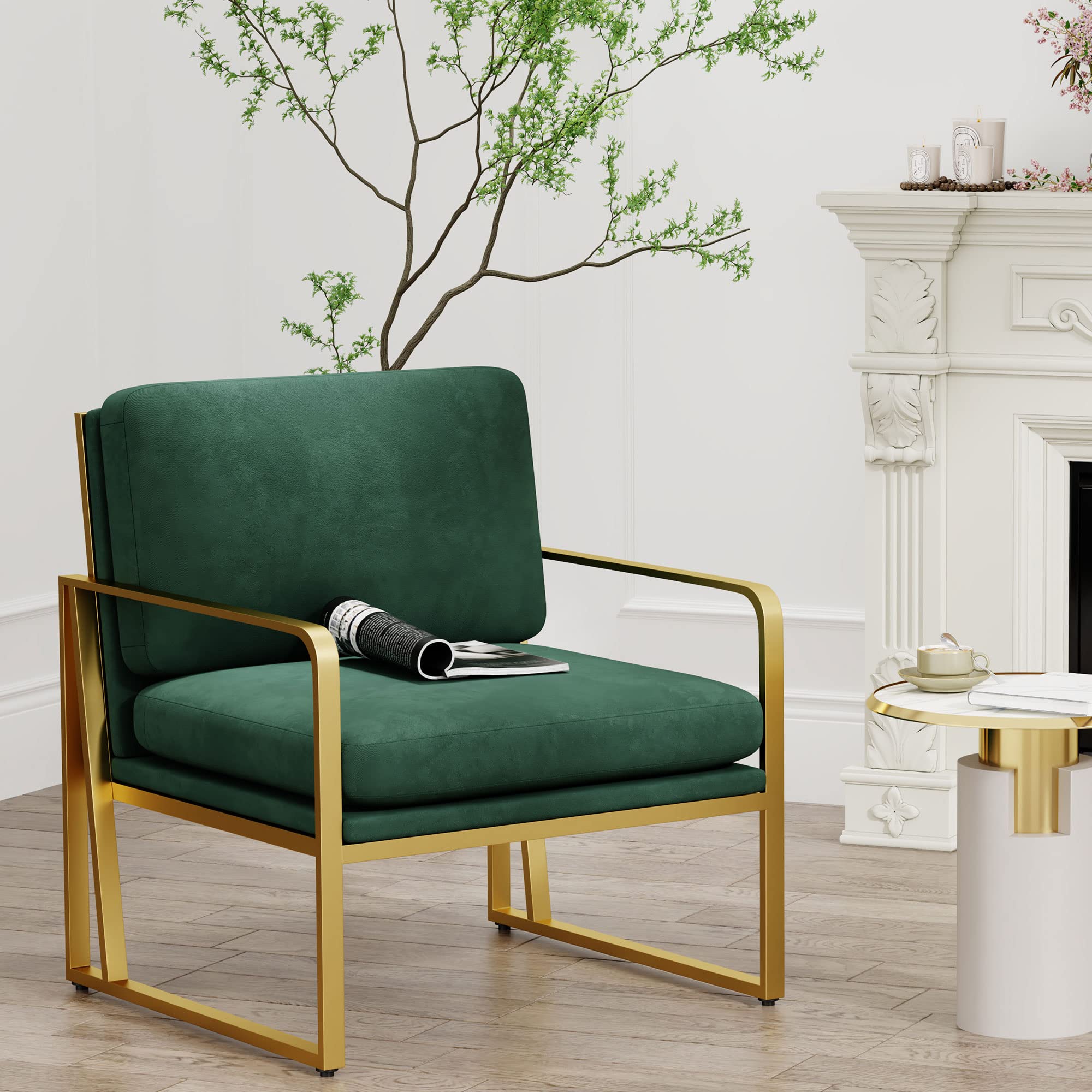 Andeworld Velvet Accent Chair, Mid century Living Room Armchair,Upholstered Modern Sofa Side Chair with Metal Golden Legs for Reading,Lounging,Bedroom Apartment, Green