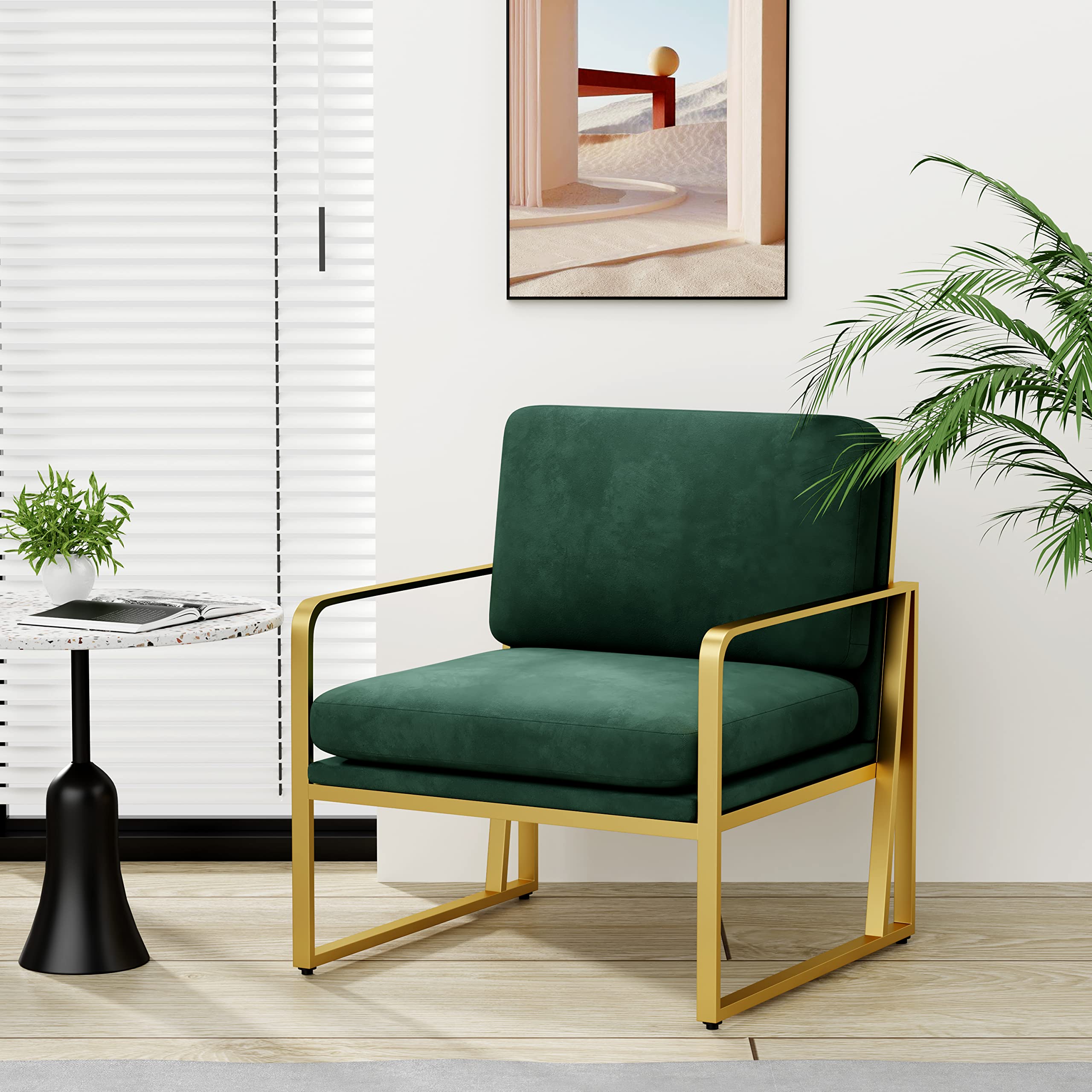 Andeworld Velvet Accent Chair, Mid century Living Room Armchair,Upholstered Modern Sofa Side Chair with Metal Golden Legs for Reading,Lounging,Bedroom Apartment, Green