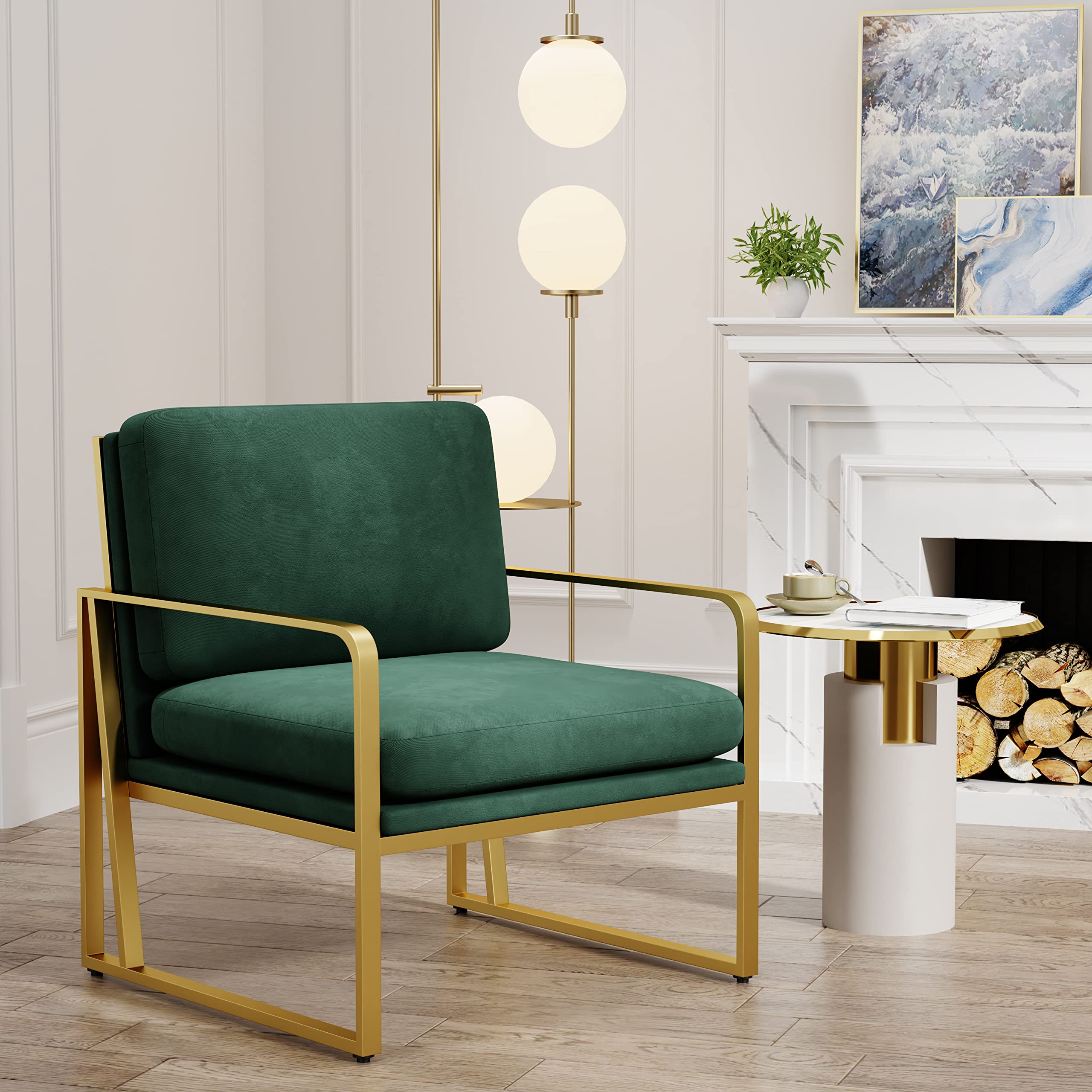 Andeworld Velvet Accent Chair, Mid century Living Room Armchair,Upholstered Modern Sofa Side Chair with Metal Golden Legs for Reading,Lounging,Bedroom Apartment, Green