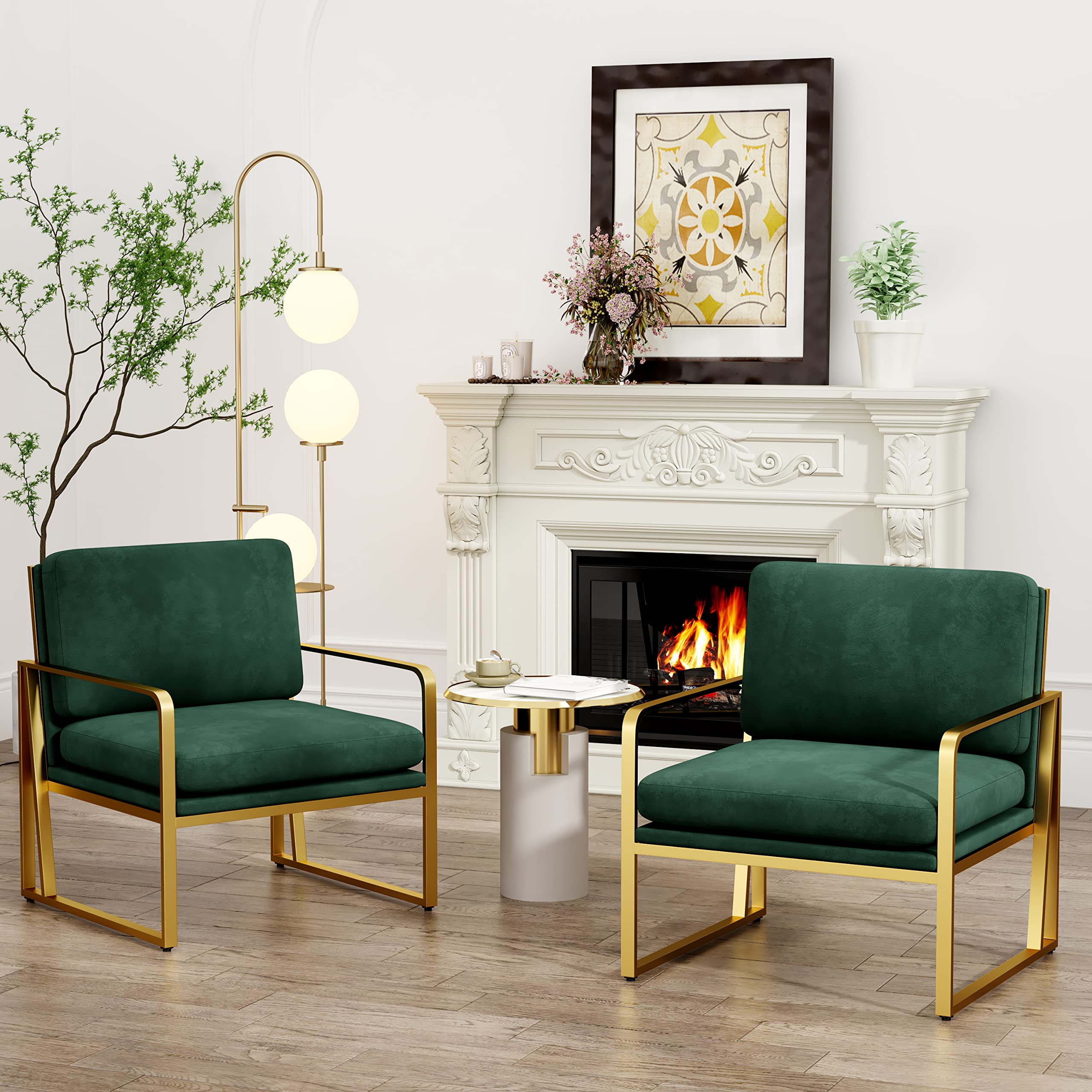 Andeworld Velvet Accent Chair, Mid century Living Room Armchair,Upholstered Modern Sofa Side Chair with Metal Golden Legs for Reading,Lounging,Bedroom Apartment, Green