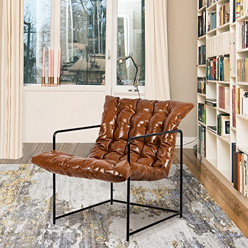 GIA Mid Century Modern Sling Accent Chair for Living Room, Bedroom, and Office, Set of 1, Upholstered in Brown PU Leather with Black Metal Base