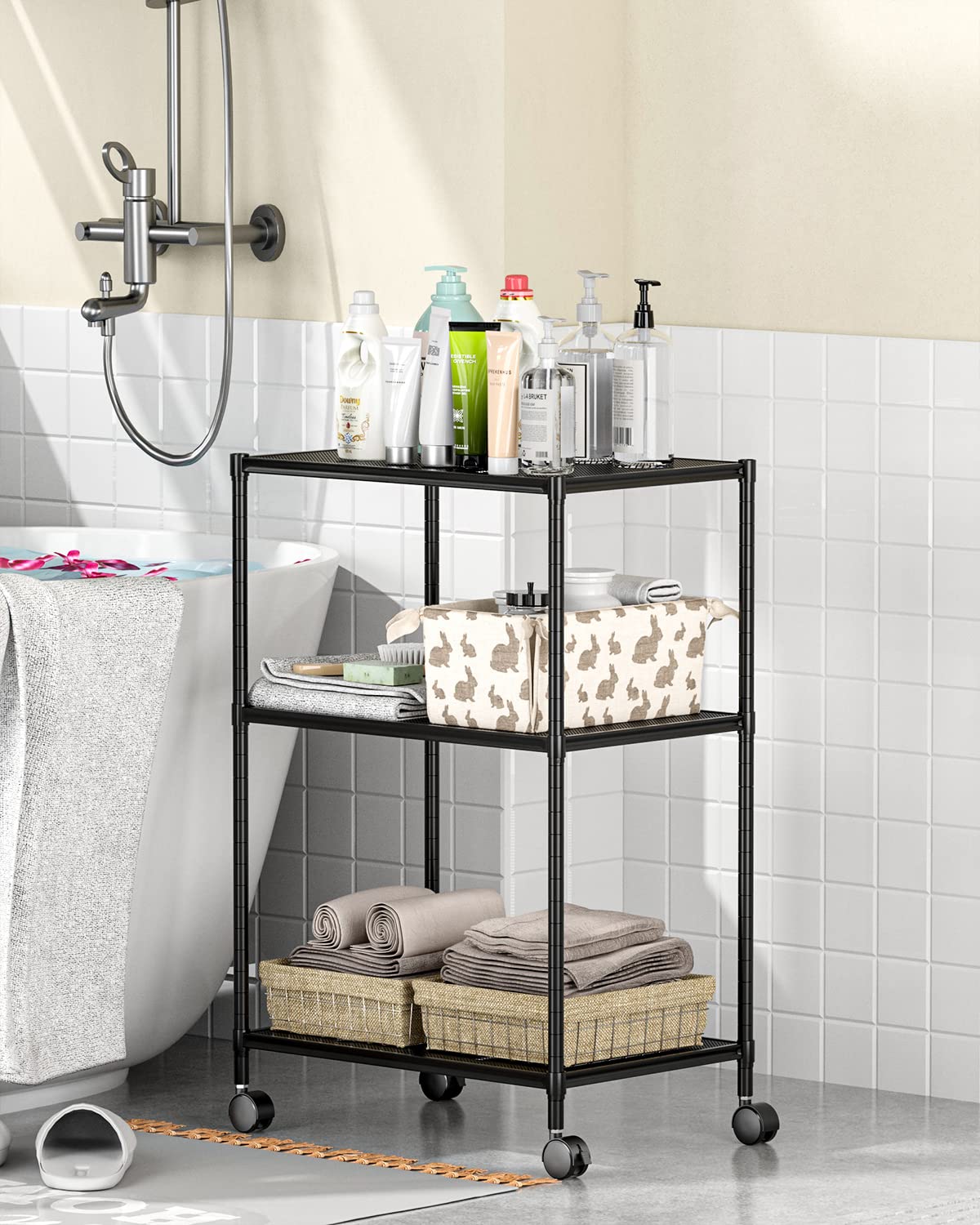 OVICAR 3-Tier Wire Storage Shelves, Adjustable Shelving Units with Wheels, Steel Metal Storage Rack for Kitchen Pantry Closet Bathroom Laundry, Durable Organizer Garage Tool Storage Shelf