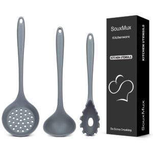 3 Pcs Silicone Kitchen Utensils Set, Soup Ladle-Pasta Fork-Slottede Spoon, Nonstick BPA Free High Heat Resistant Cooking Utensils for Mixing, Serving, Draining, Turning, Stirring