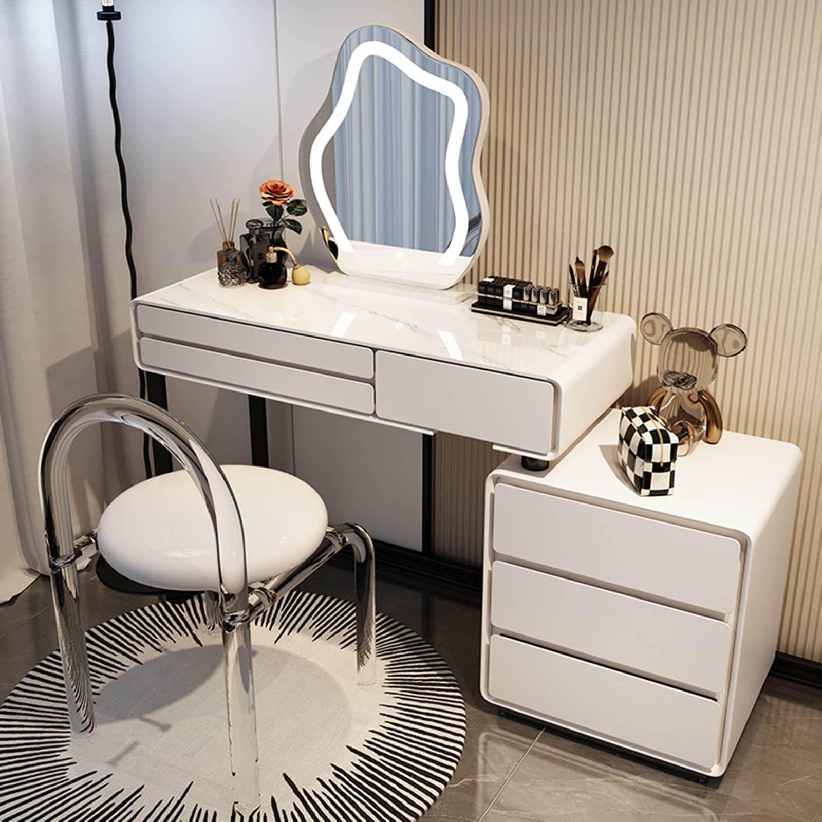 ZGNBSD Makeup Vanity - Vanity Desk with 9 Drawers, Modern & Simple Vanity Set, Including Led Smart Makeup Mirror and Acrylic Transparent Chair, Perfect for Her - Morning and Night (6 Drawers)