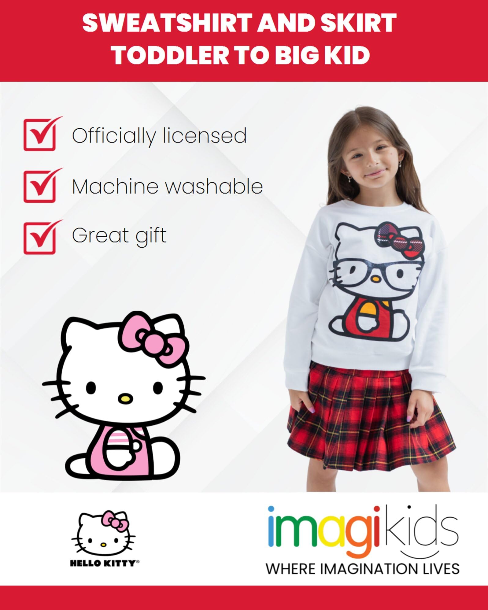 Hello Kitty Little Girls Fleece Sweatshirt and Skirt Plaid White/Red 7-8