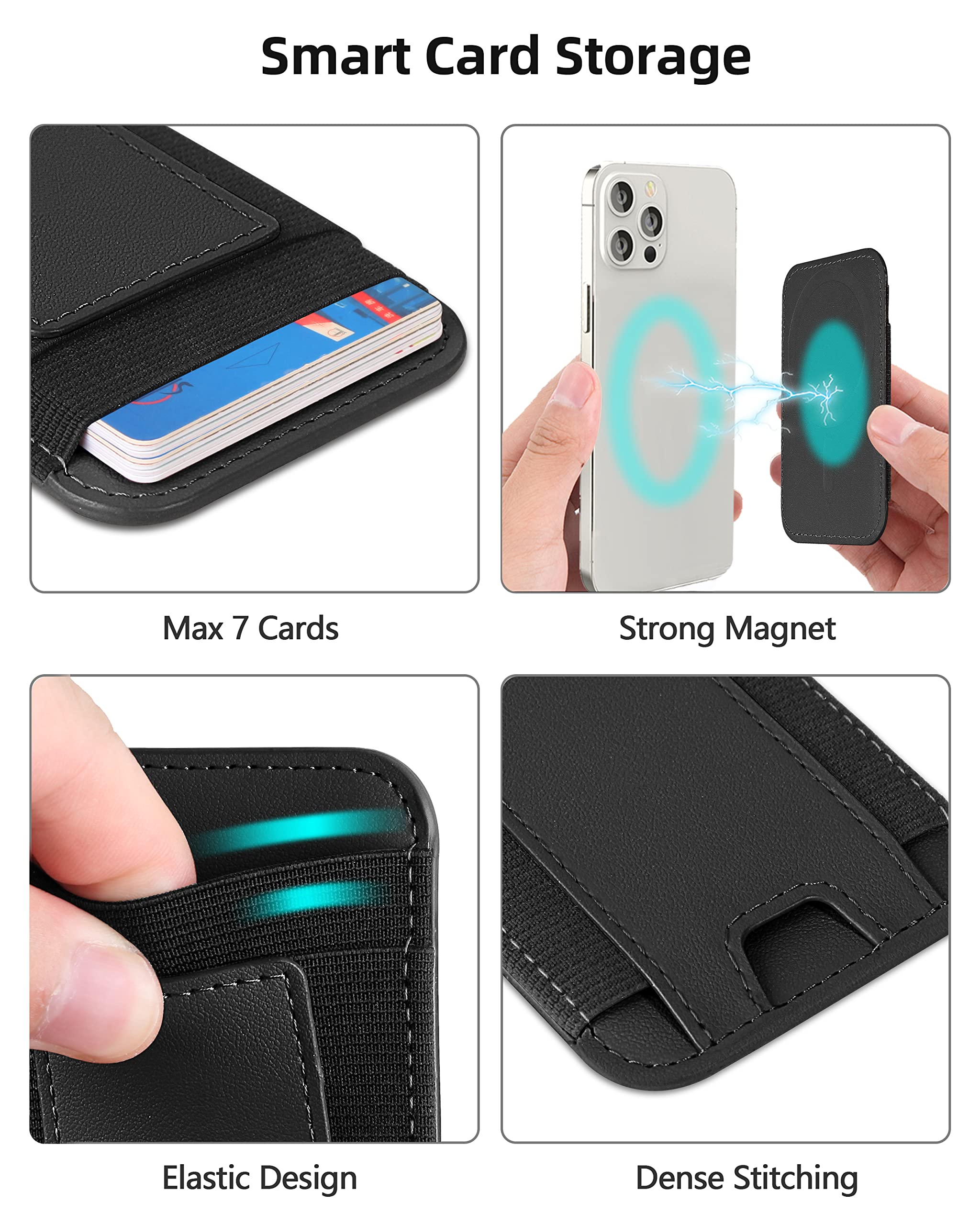 Upgraded for Magsafe Wallet, Strongest Magnetic Wallet, for iPhone Wallet Magsafe with 2 Card Slots, Magnetic Card Holder Wallet for iPhone 15/14/13/12 Series, Vegan Leather, Fit 7 Cards, Black