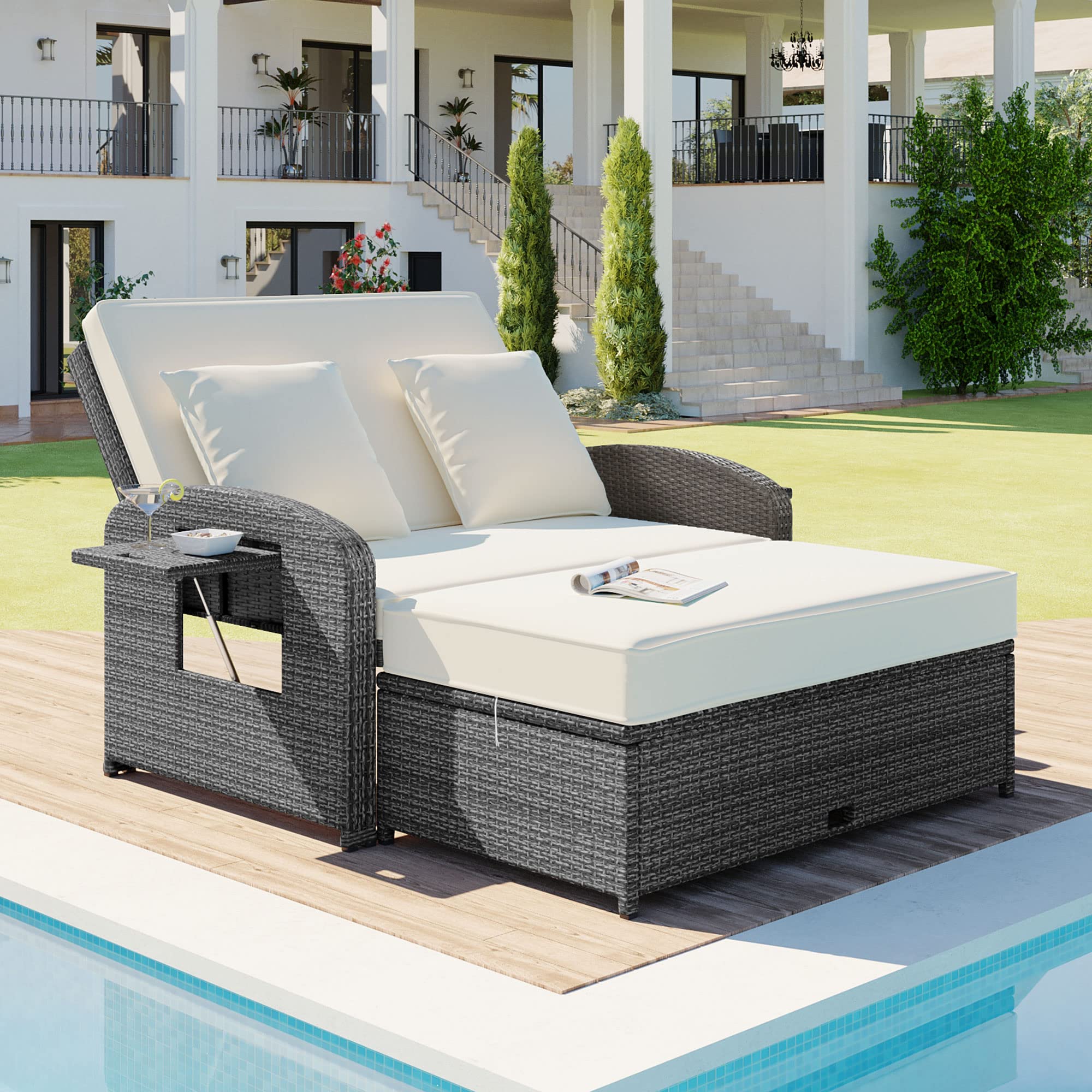 Brabrety Outdoor Rattan Double Chaise Lounge,2-Person Reclining Sunbed with 3-Height Adjustable Back, Furniture Protection Cover and A Footrest (White/Double*F)