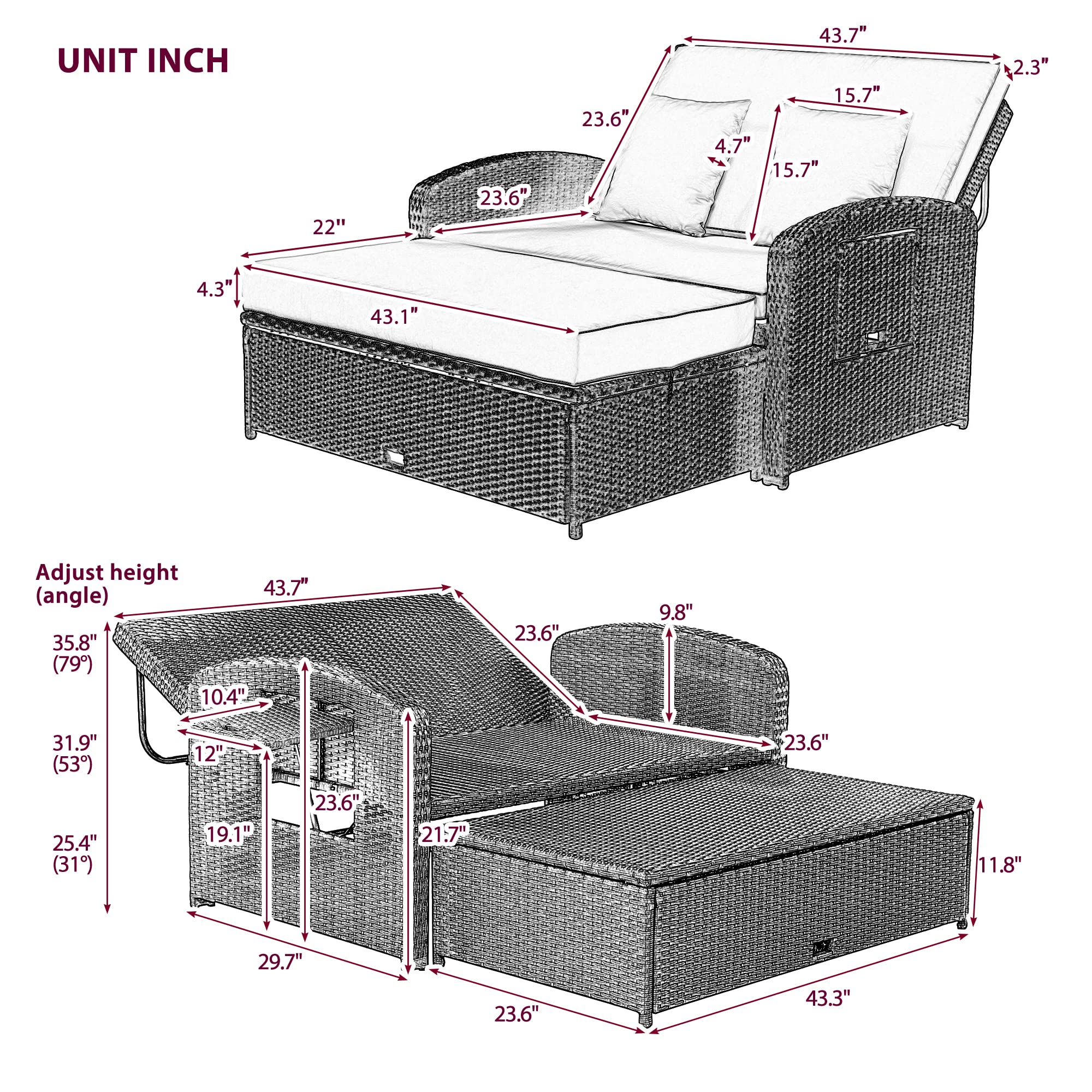 Brabrety Outdoor Rattan Double Chaise Lounge,2-Person Reclining Sunbed with 3-Height Adjustable Back, Furniture Protection Cover and A Footrest (White/Double*F)