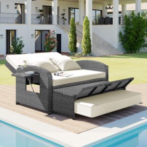 Brabrety Outdoor Rattan Double Chaise Lounge,2-Person Reclining Sunbed with 3-Height Adjustable Back, Furniture Protection Cover and A Footrest (White/Double*F)