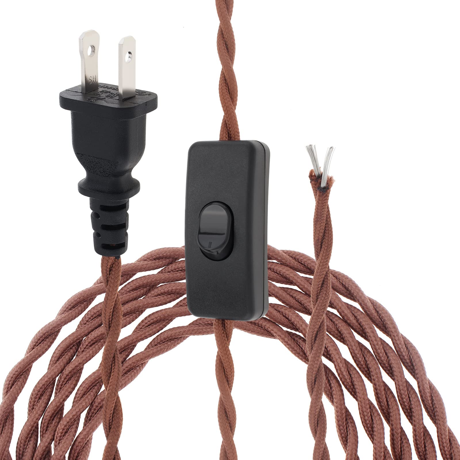 RTNLIT 6Ft Twisted Cloth Covered Lamp Cord with Switch Button and Molded Plug,18-Gauge Fabric Electrical Cord, Stripped Ends Ready for Wiring(1.8m, Brown)