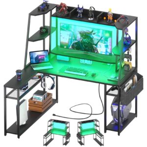 l shaped gaming desk with hutch & shelves, 47'' gaming computer desk with led lights & power strips, reversible pc gaming desk l shape with storage, l desk for gaming with monitor stand, black