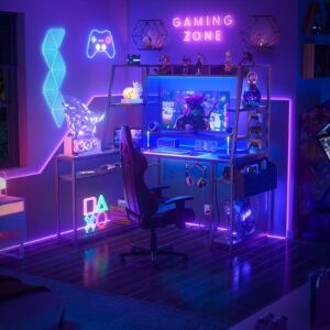 L Shaped Gaming Desk with Hutch & Shelves, 47'' Gaming Computer Desk with LED Lights & Power Strips, Reversible PC Gaming Desk L Shape with Storage, L Desk for Gaming with Monitor Stand, Black