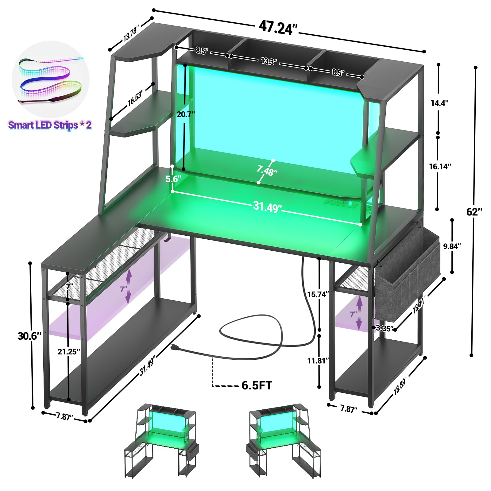 L Shaped Gaming Desk with Hutch & Shelves, 47'' Gaming Computer Desk with LED Lights & Power Strips, Reversible PC Gaming Desk L Shape with Storage, L Desk for Gaming with Monitor Stand, Black