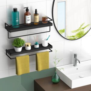 Meangood Floating Shelves Wall Mounted Set of 2, Wall Shelf with Towel Bar Rustic Wood Wall Storage Shelves for Bedroom,Living Room,Bathroom, Kitchen Black