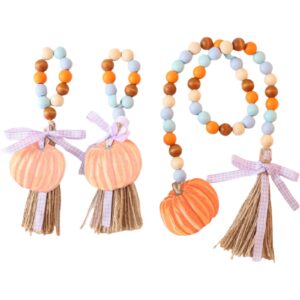 3pcs fall pumpkin wood bead garland with tassels decor, thanksgiving harvest bead garlands farmhouse rustic prayer beads hanging decoration for tiered tray vase home kitchen wall ornaments (fall - b)