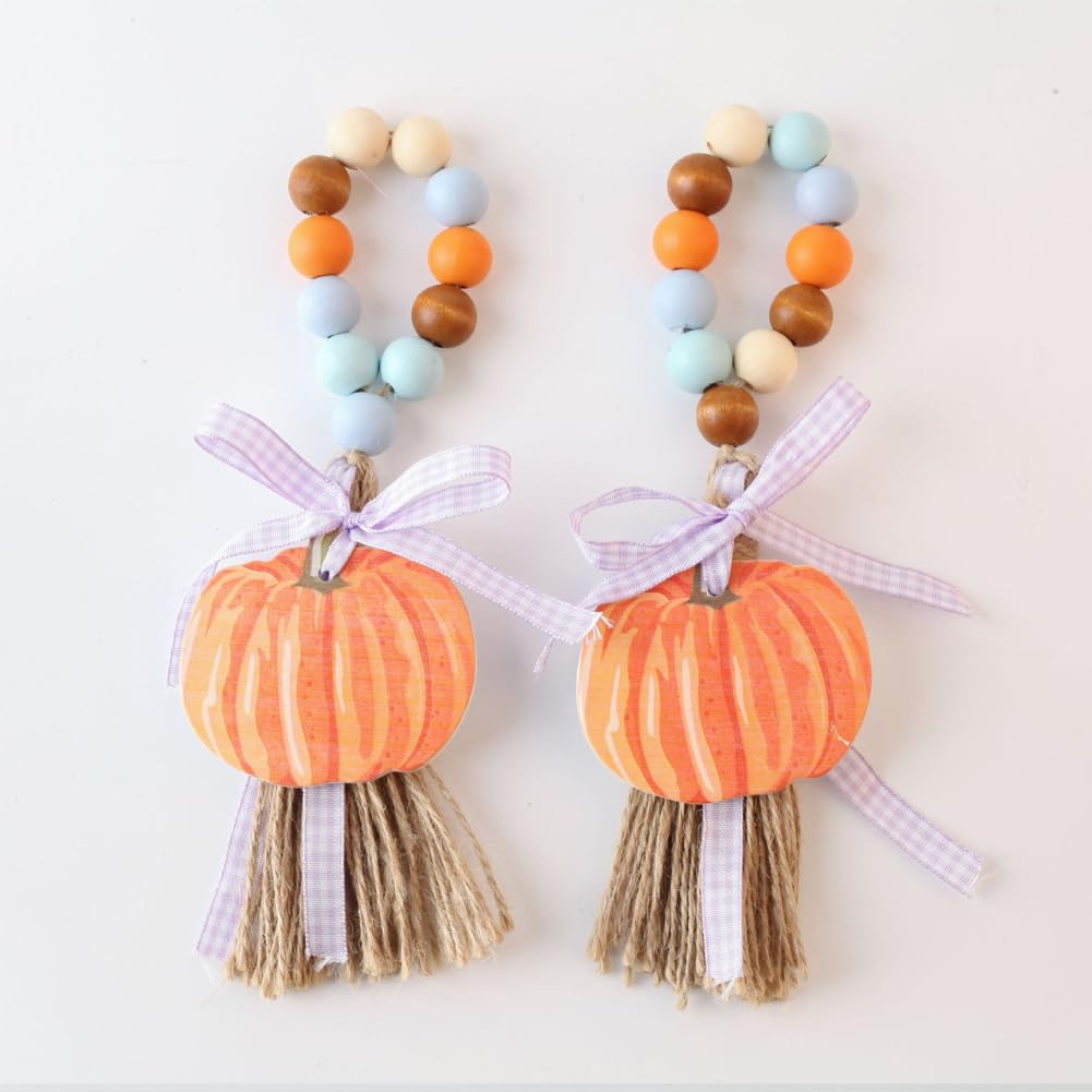 3Pcs Fall Pumpkin Wood Bead Garland with Tassels Decor, Thanksgiving Harvest Bead Garlands Farmhouse Rustic Prayer Beads Hanging Decoration for Tiered Tray Vase Home Kitchen Wall Ornaments (Fall - B)