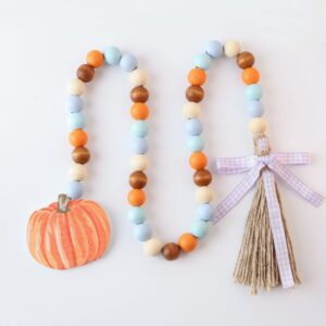 3Pcs Fall Pumpkin Wood Bead Garland with Tassels Decor, Thanksgiving Harvest Bead Garlands Farmhouse Rustic Prayer Beads Hanging Decoration for Tiered Tray Vase Home Kitchen Wall Ornaments (Fall - B)