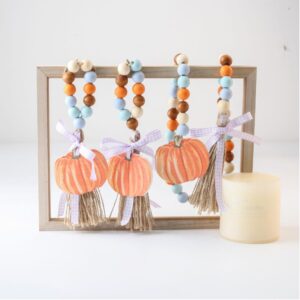 3Pcs Fall Pumpkin Wood Bead Garland with Tassels Decor, Thanksgiving Harvest Bead Garlands Farmhouse Rustic Prayer Beads Hanging Decoration for Tiered Tray Vase Home Kitchen Wall Ornaments (Fall - B)