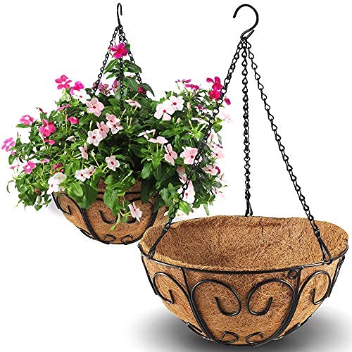 2 Pack Metal Hanging Planter Basket with Coco Coir Liner Chain Round Wire Plant Holder Flower Pots Hanger Garden Decoration Porch Decor Watering Hanging Baskets Indoor Outdoor (BUTTERFLY SHAPE)