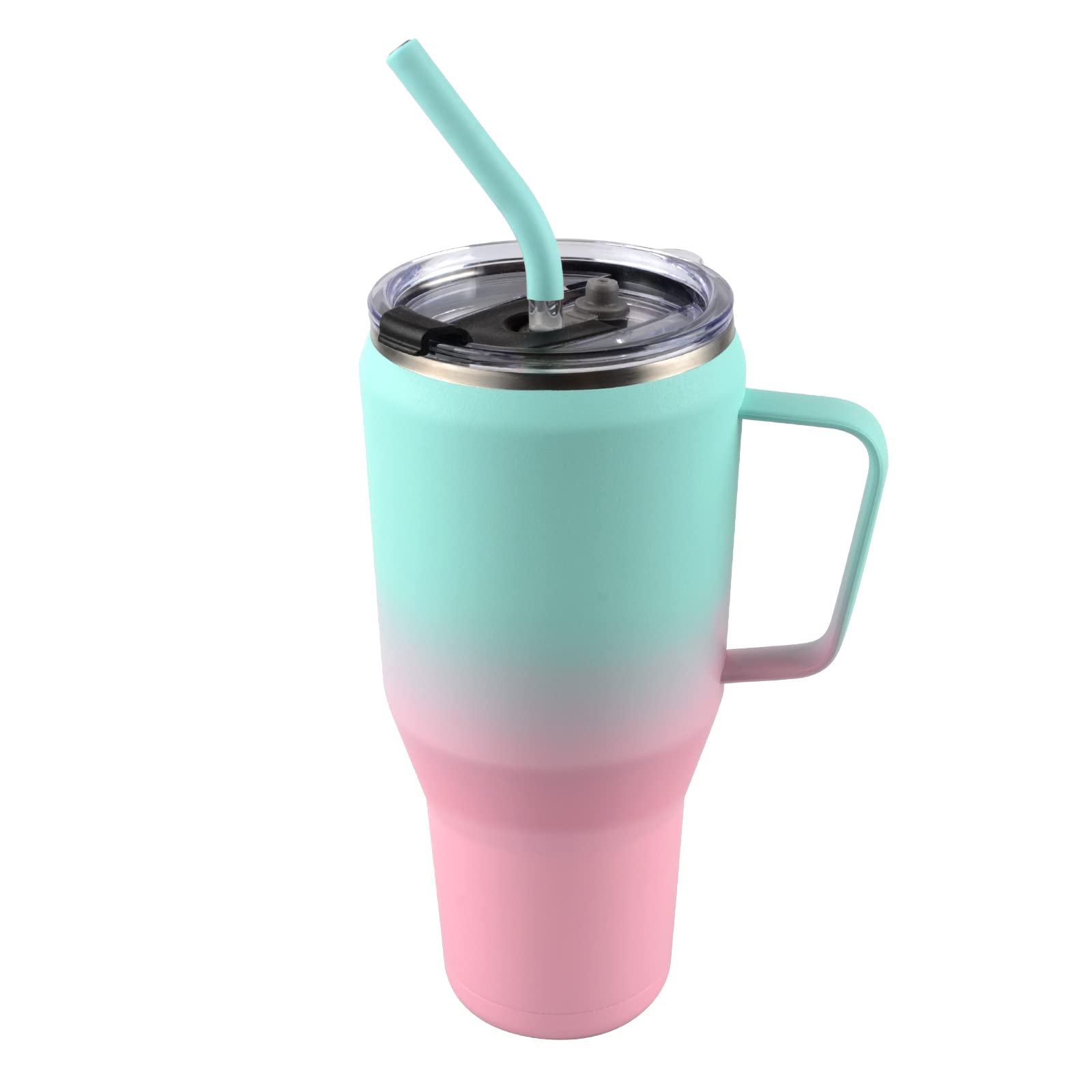 MUCHENGHY 40 oz Tumbler with Handle and Straw Lid, Leak Proof Double Vacuum Stainless Steel Tumblers Insulated Travel Coffee Mug with Lids Green Pink