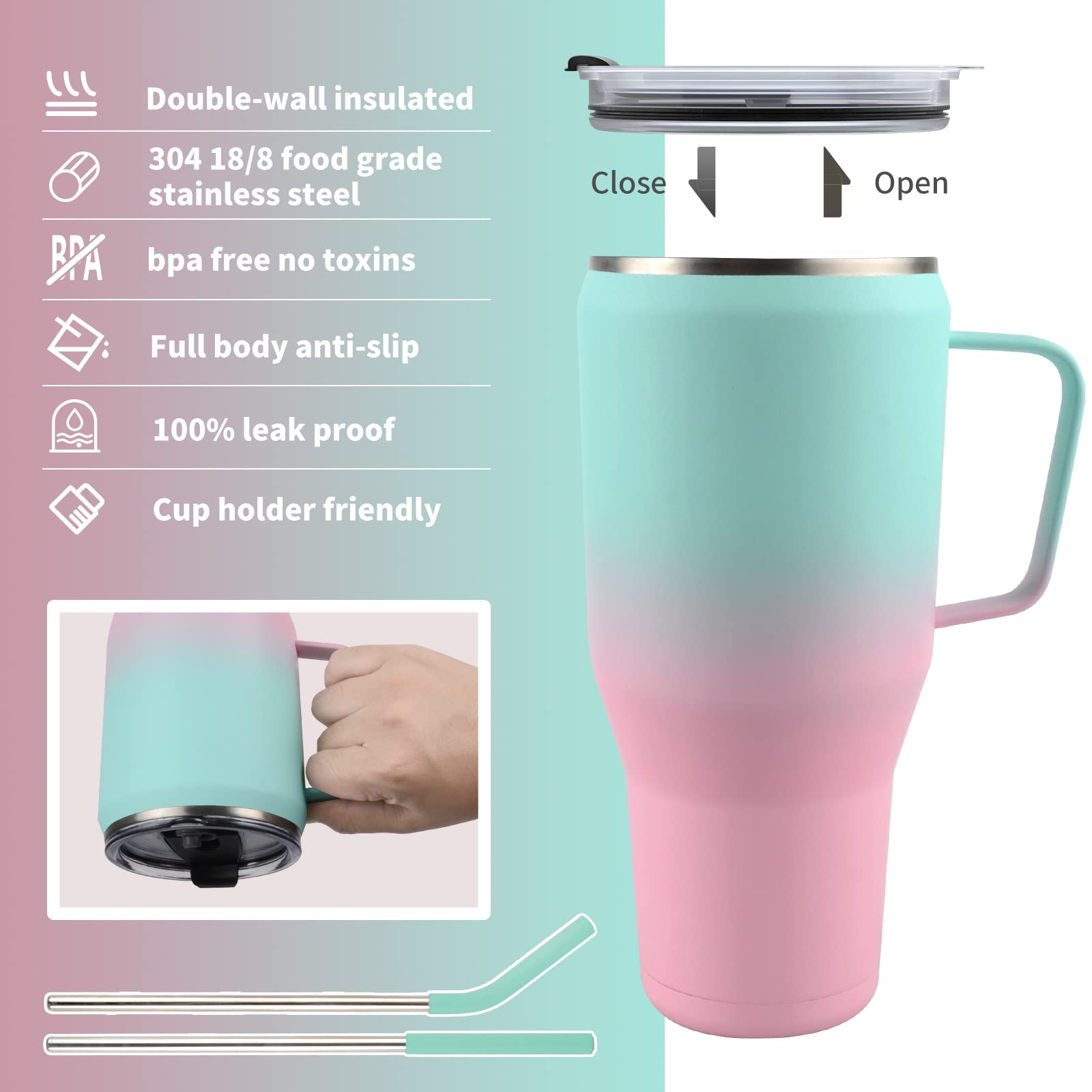 MUCHENGHY 40 oz Tumbler with Handle and Straw Lid, Leak Proof Double Vacuum Stainless Steel Tumblers Insulated Travel Coffee Mug with Lids Green Pink