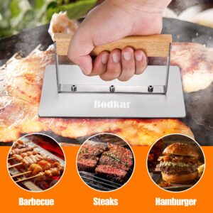 bodkar Smash Burger Press Stainless Steel Rectangular Burger Smasher with Wood Handle, Grill Press Meat Flattener Tool for Flat Top Griddle Grill Cooking