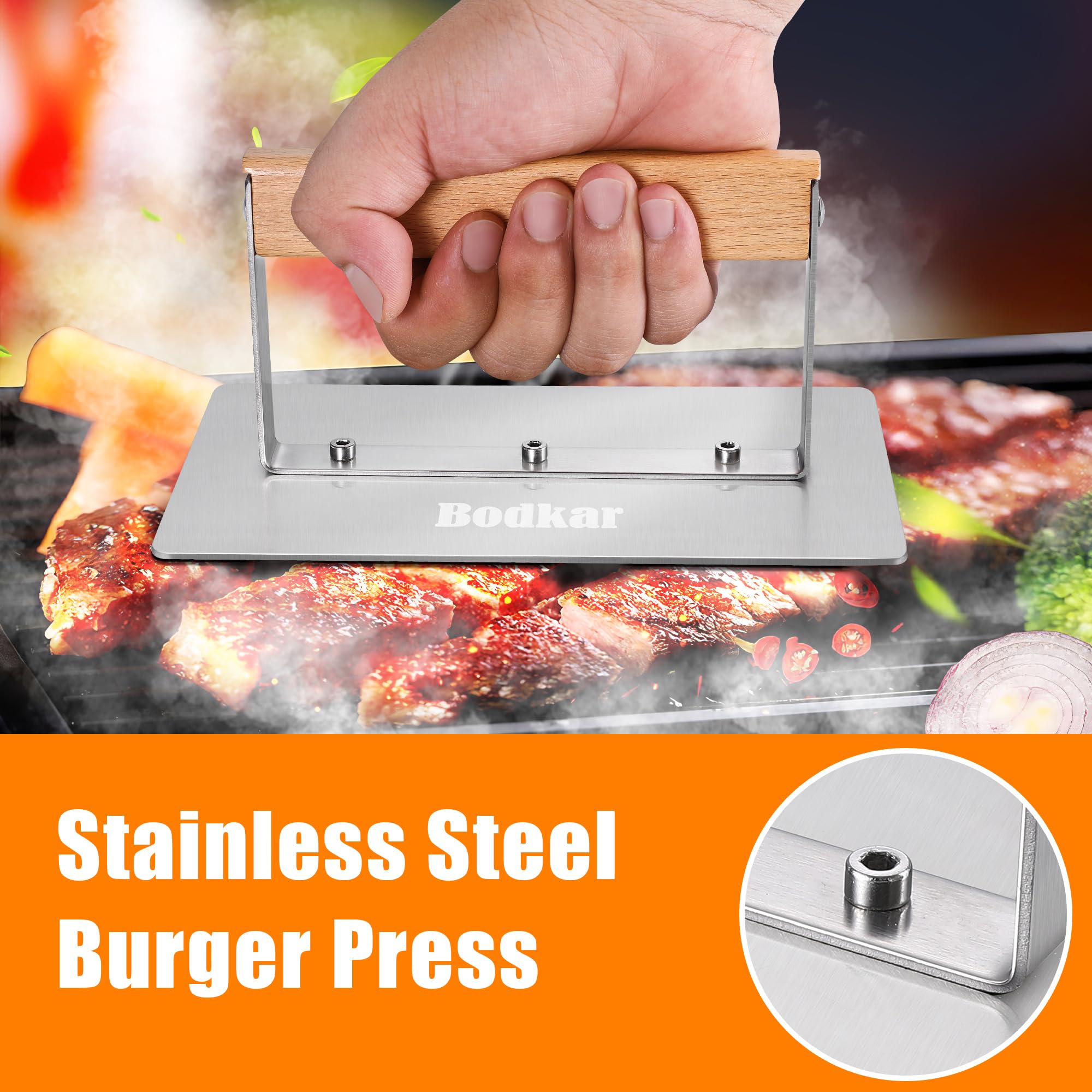 bodkar Smash Burger Press Stainless Steel Rectangular Burger Smasher with Wood Handle, Grill Press Meat Flattener Tool for Flat Top Griddle Grill Cooking