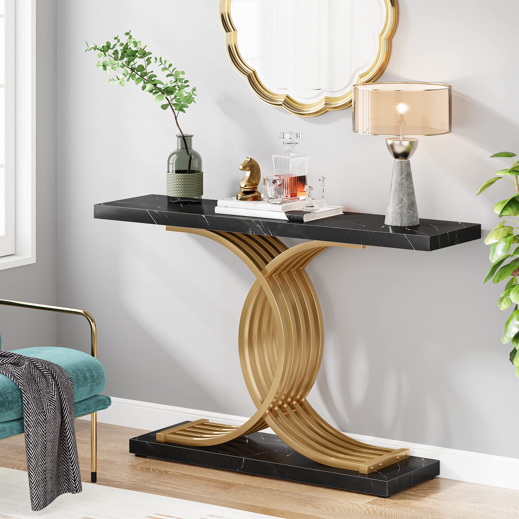 Tribesigns Gold Entryway Table, Modern 39-Inch Console Table Accent Table with Geometric Metal Legs, Faux Marble Narrow Wood Sofa Table Foyer Table for Entrance, Living Room (Gold & Black)