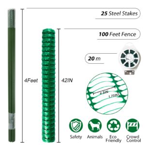 Safety Fence Plastic Mesh Fencing Roll,1 Roll with 25 Steel Stakes, Temporary Reusable Netting for Pool Fence, Garden, Construction