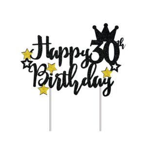 Happy 30th Birthday Cake Topper, Black Glitter Star 30 & Fabulous Birthday Cake Pick for 30th Birthday Anniversary Party Cheers to 30 Cake Decorations Supplies