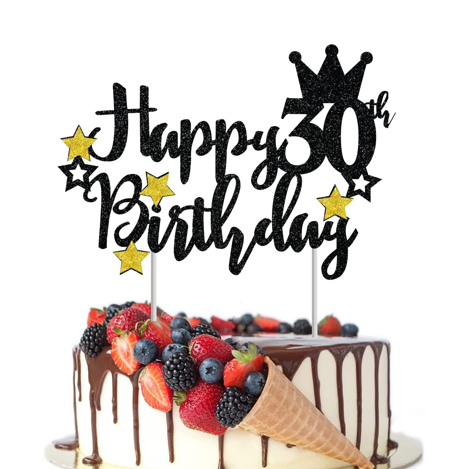 Happy 30th Birthday Cake Topper, Black Glitter Star 30 & Fabulous Birthday Cake Pick for 30th Birthday Anniversary Party Cheers to 30 Cake Decorations Supplies