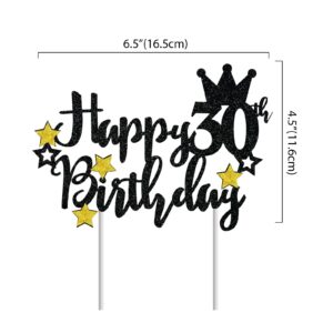 Happy 30th Birthday Cake Topper, Black Glitter Star 30 & Fabulous Birthday Cake Pick for 30th Birthday Anniversary Party Cheers to 30 Cake Decorations Supplies