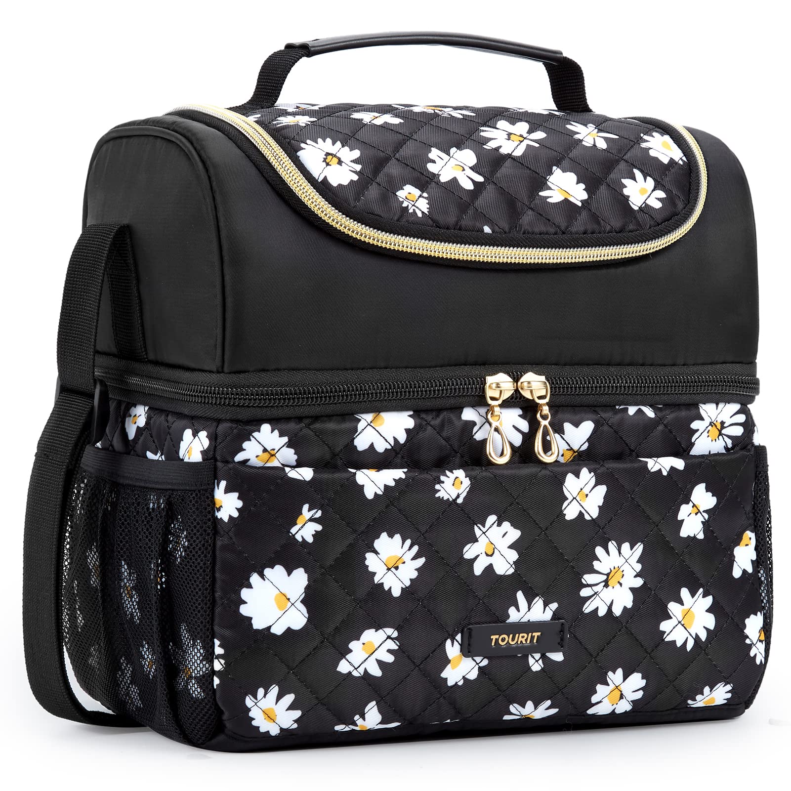 TOURIT Dual Compartment Lunch Bag Women Insulated Lunch Box Cooler Bag for Men, Women, Work, Picnic, Black with Daisy